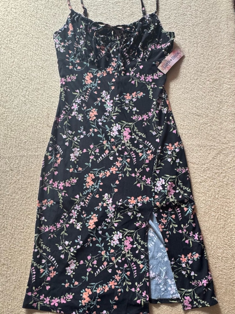 Inspired Hearts Black Floral Midi Dress with Pink and Peach Blossoms
